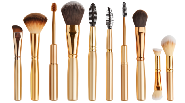 Set of makeup brushes with decorative cosmetics isolated on transparent background