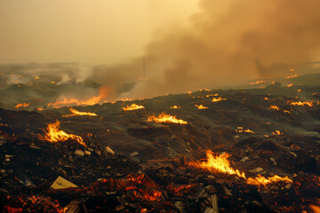 Fototapeta premium Landfill fire, with flames engulfing piles of trash and sending plumes of toxic smoke into the air, exacerbating air pollution and posing health risks to nearby communities