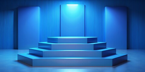 Fototapeta premium Blue illuminated stage with steps in modern setting