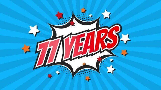 77th seventy-seventh anniversary - 77 seventy-seven years birthday. Animated text on pop colorful background with rotating rays.