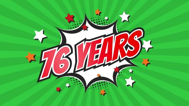 76th seventy-sixth anniversary - 76 seventy-six years birthday. Animated text on pop colorful background with rotating rays.