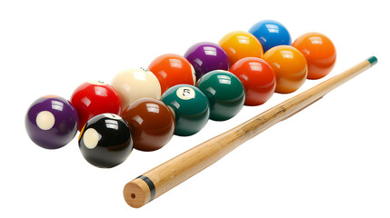 Set with billiard balls and wooden cue isolated on transparent background