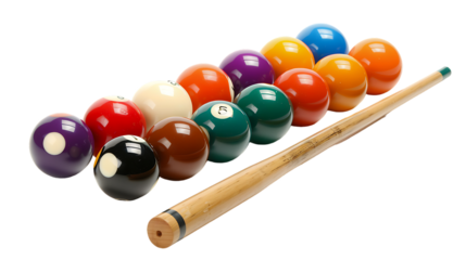 Set with billiard balls and wooden cue isolated on transparent background
