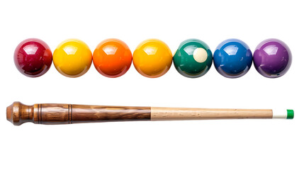 Set with billiard balls and wooden cue isolated on transparent background