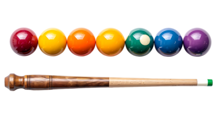 Set with billiard balls and wooden cue isolated on transparent background
