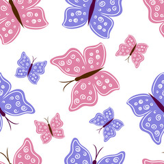 Butterfly seamless pattern, pastel pink and lilac colors. Kids fabric design. Vector isolated on white background.