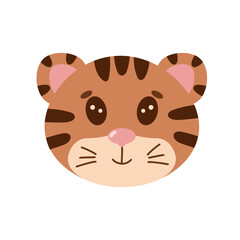 Cute tiger, kawaii animal head. Kids design element, background. Vector isolated on white