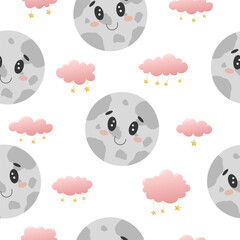 Children cute background. Clouds and moon seamless pattern. Pink gradient, good night, sleep. Design element for kids room, vector isolated on white background.