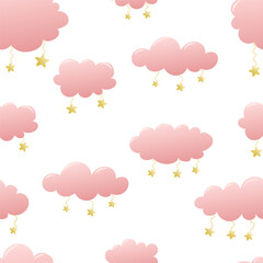 Children cute background. Clouds with hanging stars seamless pattern. Pink gradient, good night, sleep. Design element for kids room, vector isolated on white background.