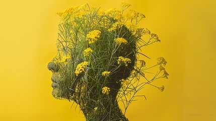 Abstract surreal portrait of a person with a head made of grass and yellow flowers.