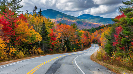 Scenic autumn road with vibrant foliage in White Mountains