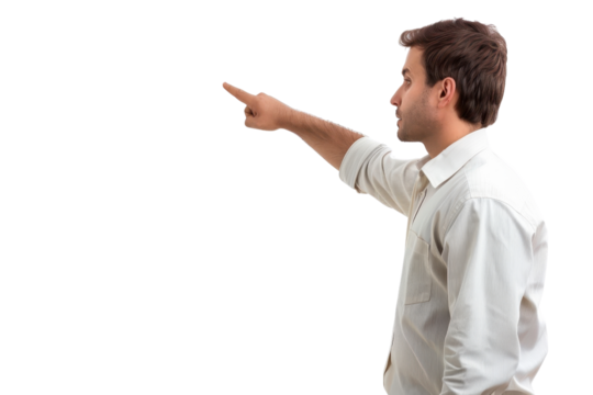 Side view of a man in a white shirt pointing with his index finger. Isolated on transparent background. Concept of direction and guidance.
