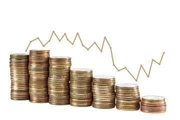 Stacked coins illustrating financial growth with a fluctuating graph, symbolizing investment, budget management, and economic trends.