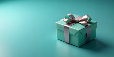 Obraz premium Turquoise gift box with ribbon on turquoise background