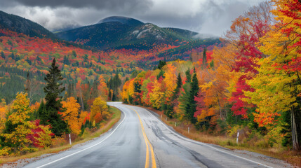 Scenic road through fall foliage in White Mountains