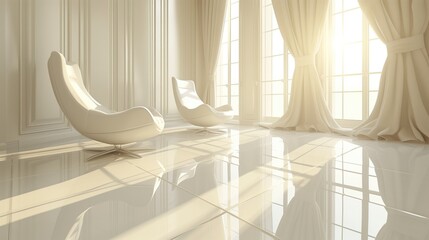 Elegant Sunlit Room. A bright white room with modern chairs and large windows. Represents sophistication and brightness.