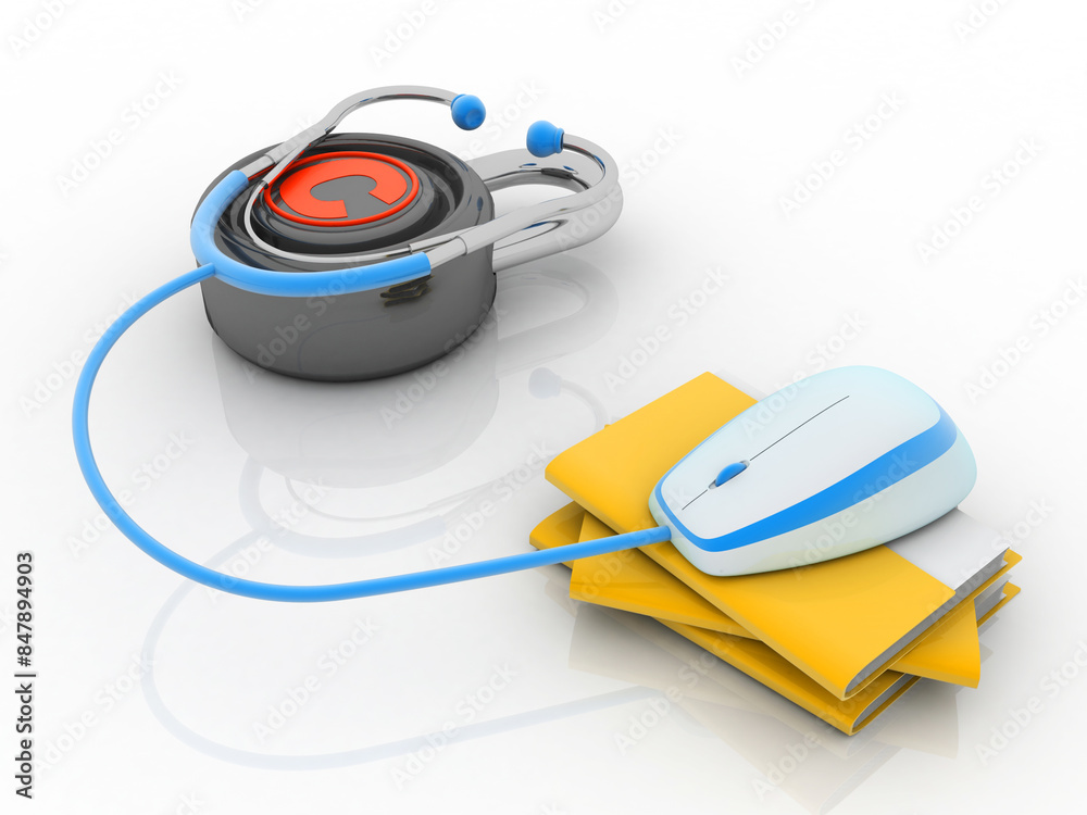 Poster 3d rendering yellow folder and lock connected stethoscope. data security concept