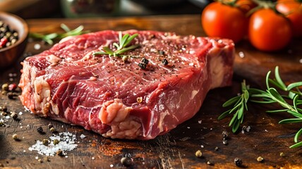 Obraz premium Fresh meat with ingredients for cooking on dark table. selective focus. Generative AI,