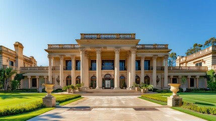 Obraz premium luxurious mansion with a grand entrance, tall pillars, and expansive lawns