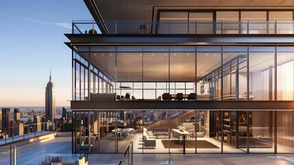 Obraz premium luxurious penthouse with floor-to-ceiling glass walls and a rooftop terrace