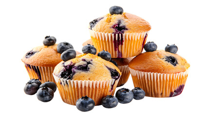 Stack of tasty blueberry muffins isolated on transparent background