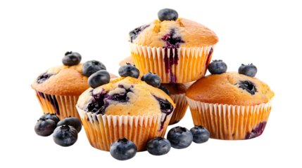 Stack of tasty blueberry muffins isolated on transparent background