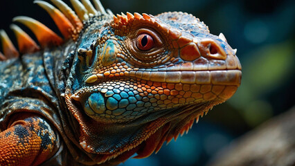 Fototapeta premium A sizable blue iguana with piercing red eyes and prominent spikes along its back, featuring orange and red accents in its skin color that highlight its distinctive appearance.