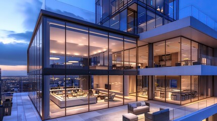 luxurious penthouse with floor-to-ceiling glass walls and a rooftop terrace