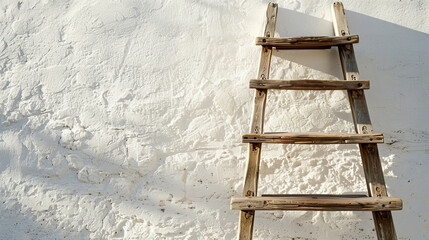 Old wooden ladder against a textured white wall