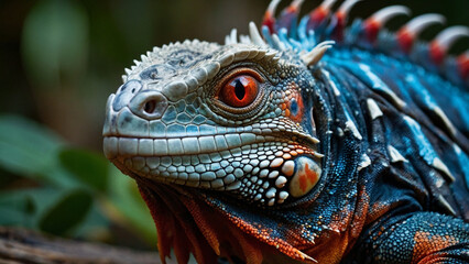 Fototapeta premium A sizable blue iguana with piercing red eyes and prominent spikes along its back, featuring orange and red accents in its skin color that highlight its distinctive appearance.