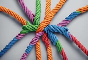 Bound Together: A Tangle of Colorful Ropes Intertwined Against a Pristine White Background