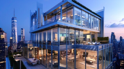 luxurious penthouse with floor-to-ceiling glass walls and a rooftop terrace