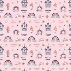 Children's cute pattern with princess and carriage in flat style. Vector illustration