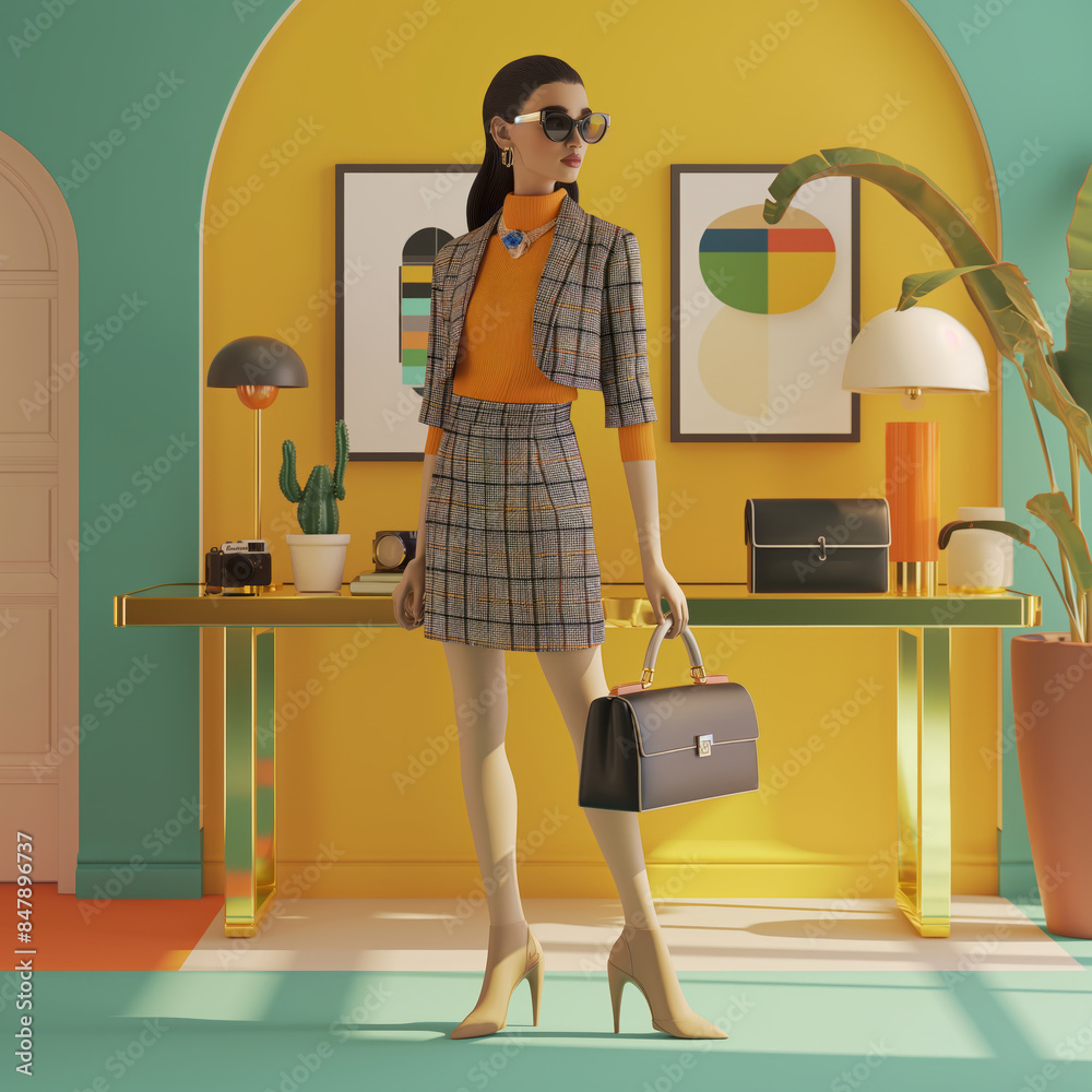 Wall mural Female fashion influencer, featuring Bauhaus-inspired office attire styled with clean lines