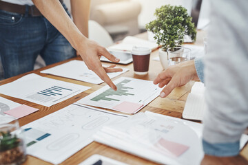 People, group and business meeting with metrics in office as web developer in internship, workshop and company. Team, collaboration and digital agency for analytics, growth or career in brand design