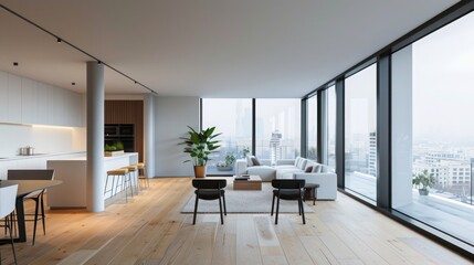 Fototapeta premium minimalist apartment with floor-to-ceiling windows, clean lines, and open living spaces