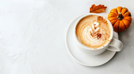 Cozy autumn vibe with pumpkin spice latte and fallen leaves, copy space
