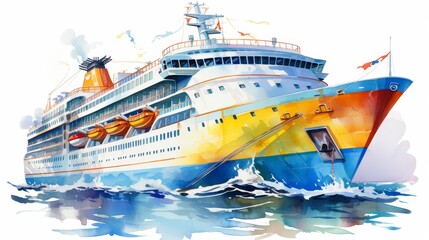Fototapeta premium a cruise ship clipart, travelling element, watercolor illustration, bright colors, isolated on white background