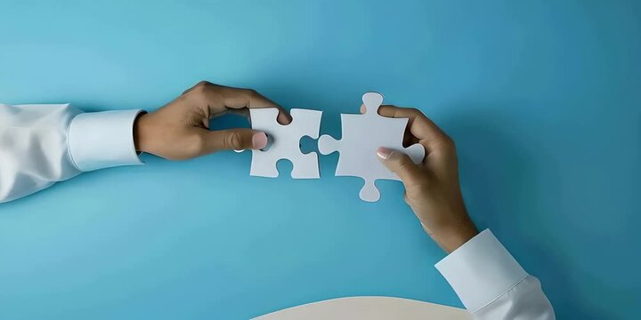 Two business people hands connecting puzzle pieces on a blue background, symbolizing collaboration and success in business, teamwork and partnership