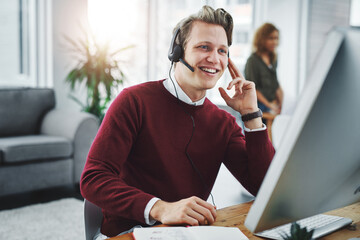 Call center, man and communication for telemarketing on computer for legal advice, listening or...