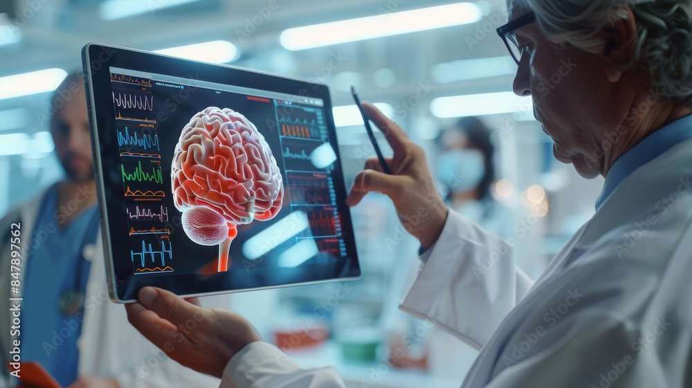 Aufkleber doctor showing a 3d of brain with pain in red on a digital tablet. patient holding his head behind t