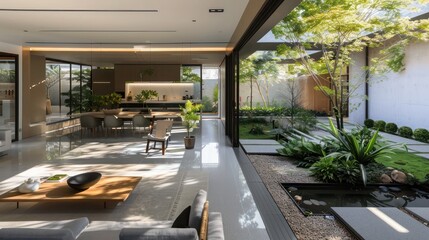 minimalist urban residence with clean lines, modern materials, and an integrated garden