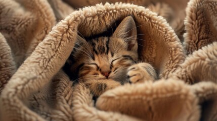 A cute kitten curled up in a cozy blanket, fast asleep with its paw over its nose.