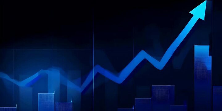A blue stock market graph with an upward arrow shows growth and success in finance