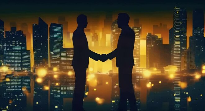 Two businessmen in silhouette shaking hands against city lights at night, showing agreement and partnership in business, professional collaboration and mutual success