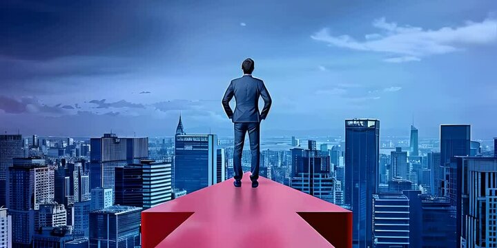 A businessman standing on a red arrow pointing up towards a city skyline, showing ambition and growth in the business world, professional success and career advancement