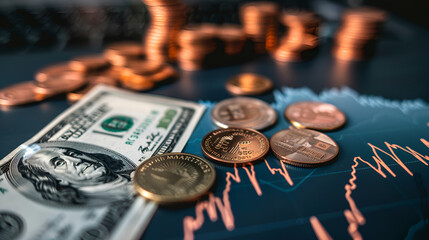 Image of U.S. currency and coins with a financial graph showing a downturn, representing an economic crisis due to a global recession and inflation
