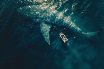 Aerial view of a small boat above a massive shark in the ocean.