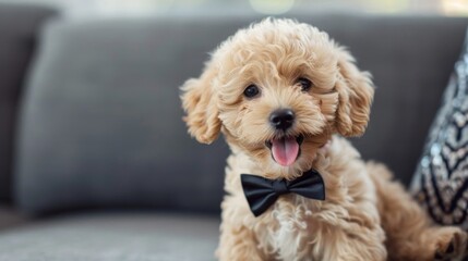 A cute puppy wearing a bowtie, sitting obediently with its tongue sticking out.