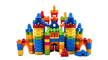 Toy castle made of bright building blocks isolated on transparent background